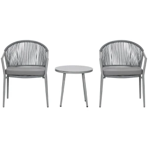 Café-sæt 2 Stole Grå Rattan + 1 Glasbord