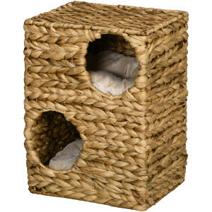 Kattehus med 2 Huler i Flet – Med Vaskbare Puder, 40 x 31 x 55 cm