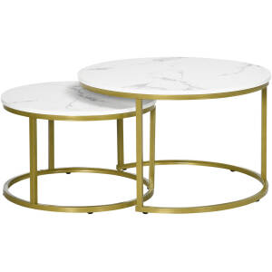 Rundt Sofabord 2 stk, Ø74 & Ø59 cm Marmorlook Guld / Hvid