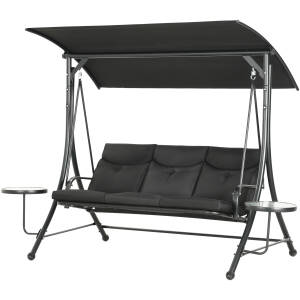 Hængekøje gynge til 3 personer med soltag og sidebord, 278 x 135 x 177 cm, sort