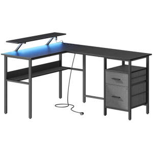 L-formet Skrivebord med Stikkontakter, Belysning, Skærmholder, 2 Skuffer, 2 USB-porte Sort