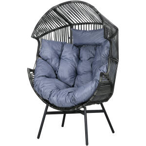 Udendørs lænestol i rattan-look med kurvdesign og tyk siddehynde – Grå / Sort