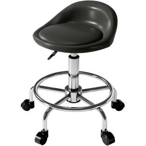 Justerbar arbejdsskammel med ryg- og fodstøtte – 43 x 43 x 59–75 cm, drejelig med hjul