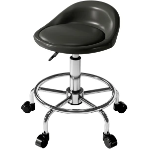 Justerbar arbejdsskammel med ryg- og fodstøtte – 43 x 43 x 59–75 cm, drejelig med hjul