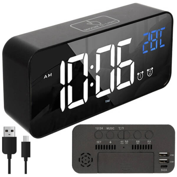 Digital LED vækkeur med snooze, lydaktivering, dato & temperatur – USB & batteridrift – sort, moderne og kraftigt lydniveau